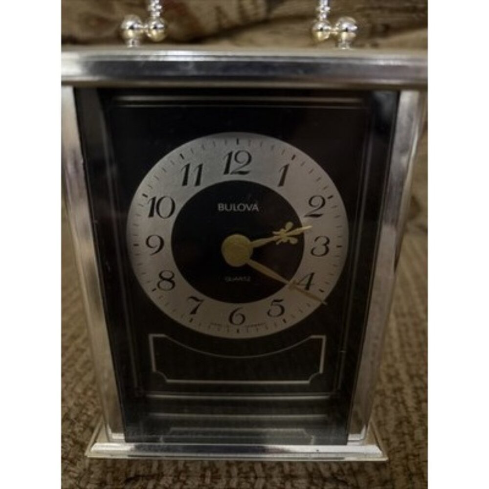 Bulova Quartz Carriage Clock Gold Tone Running AA Battery Black Face West German - Picture 2 of 7